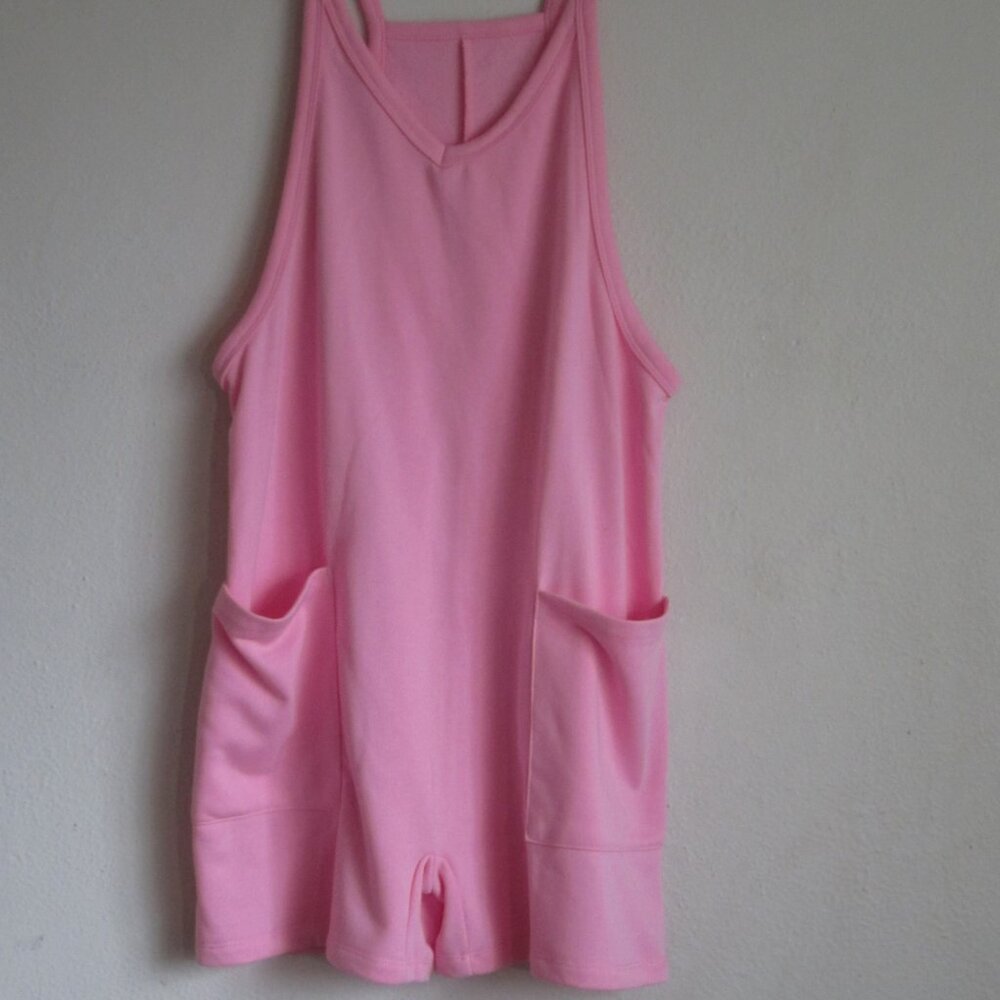 New Pink Sleeveless Pocketed V-Neck Jersey Romper - Picture 2 of 7